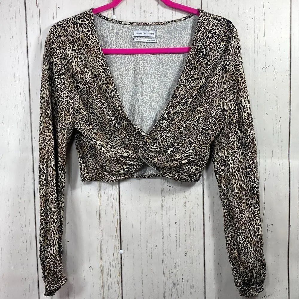 Urban Outfitters Leopard Print Twist Front Long Sleeve Crop Top M Festival Y2K